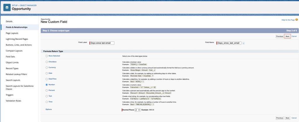 name field "Days Since Last Email"