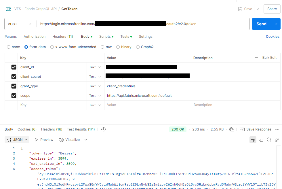 Get token for Fabric GraphQL API