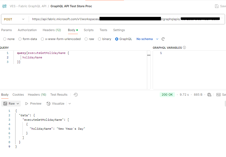 use Fabric API to call a stored procedure and see the GraphQL body format in Postman