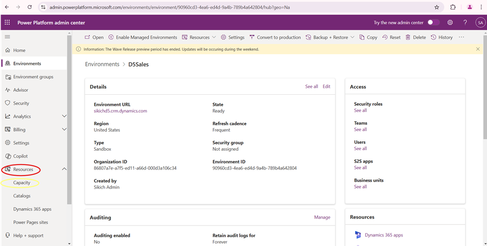 Resources > Capacity in Power Platform