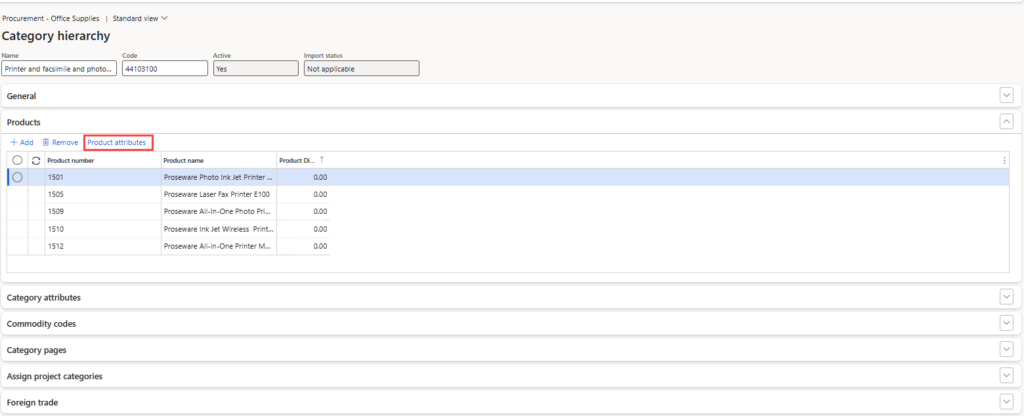 click Product attributes in Dynamics 365 FSCM