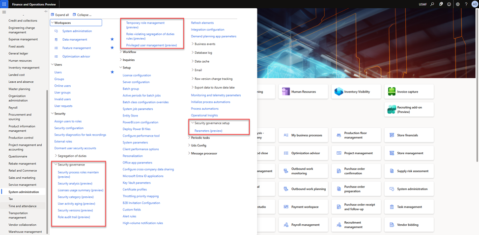 new menu items in system admin